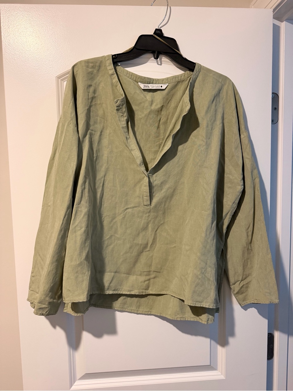 Zara Light Olive Green V-Neck Linen-Blend Tunic
